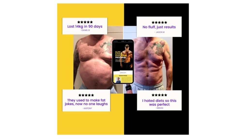 Image of a client before and after the 90-day ab workout, more lean and visible abs.