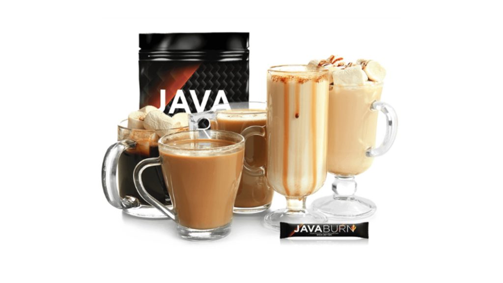 Image of Java Burn sachets with different types of coffee drinks.